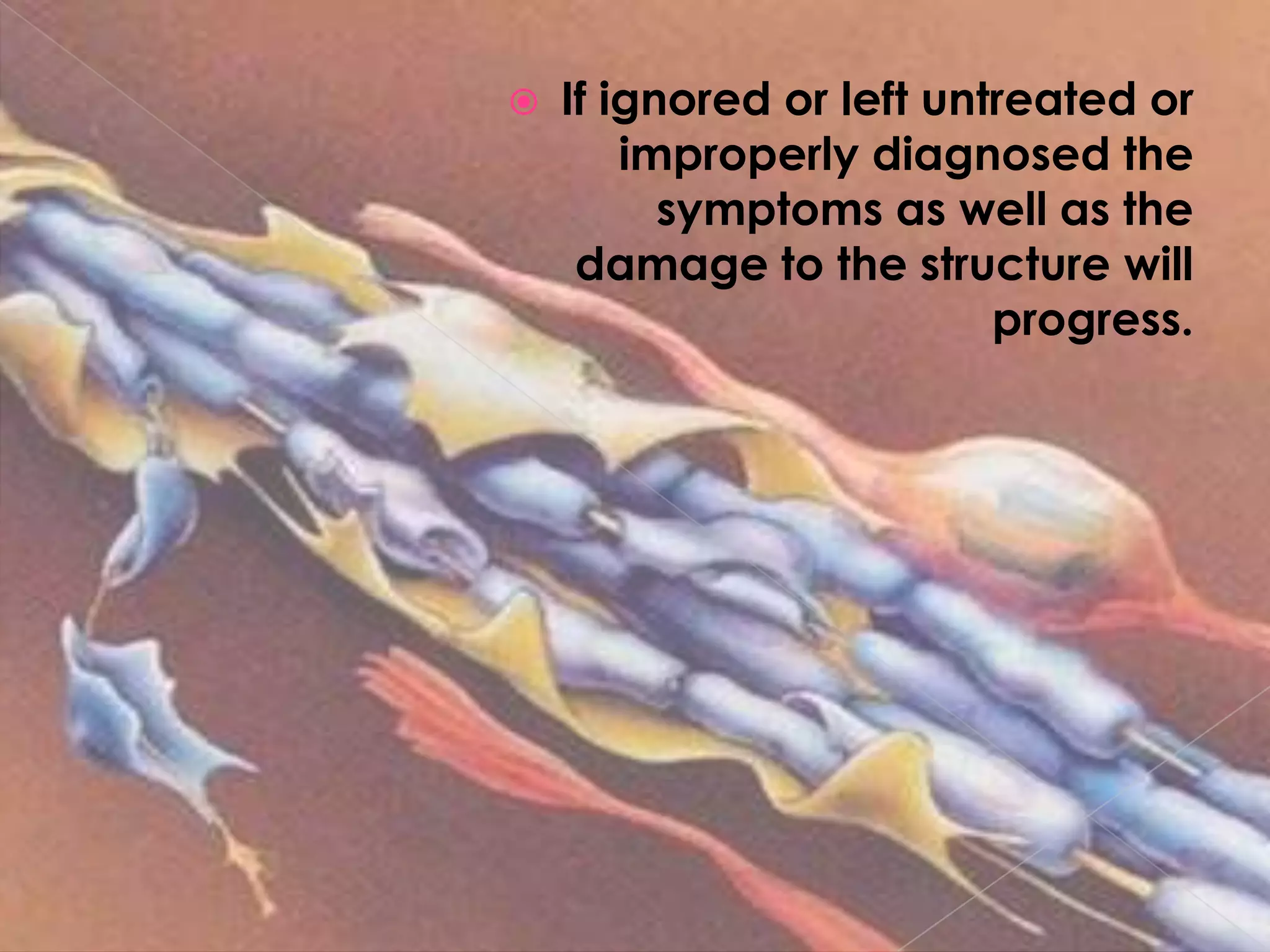 If ignored or left untreated or improperly diagnosed the symptoms as well as the damage to the structure will progress.