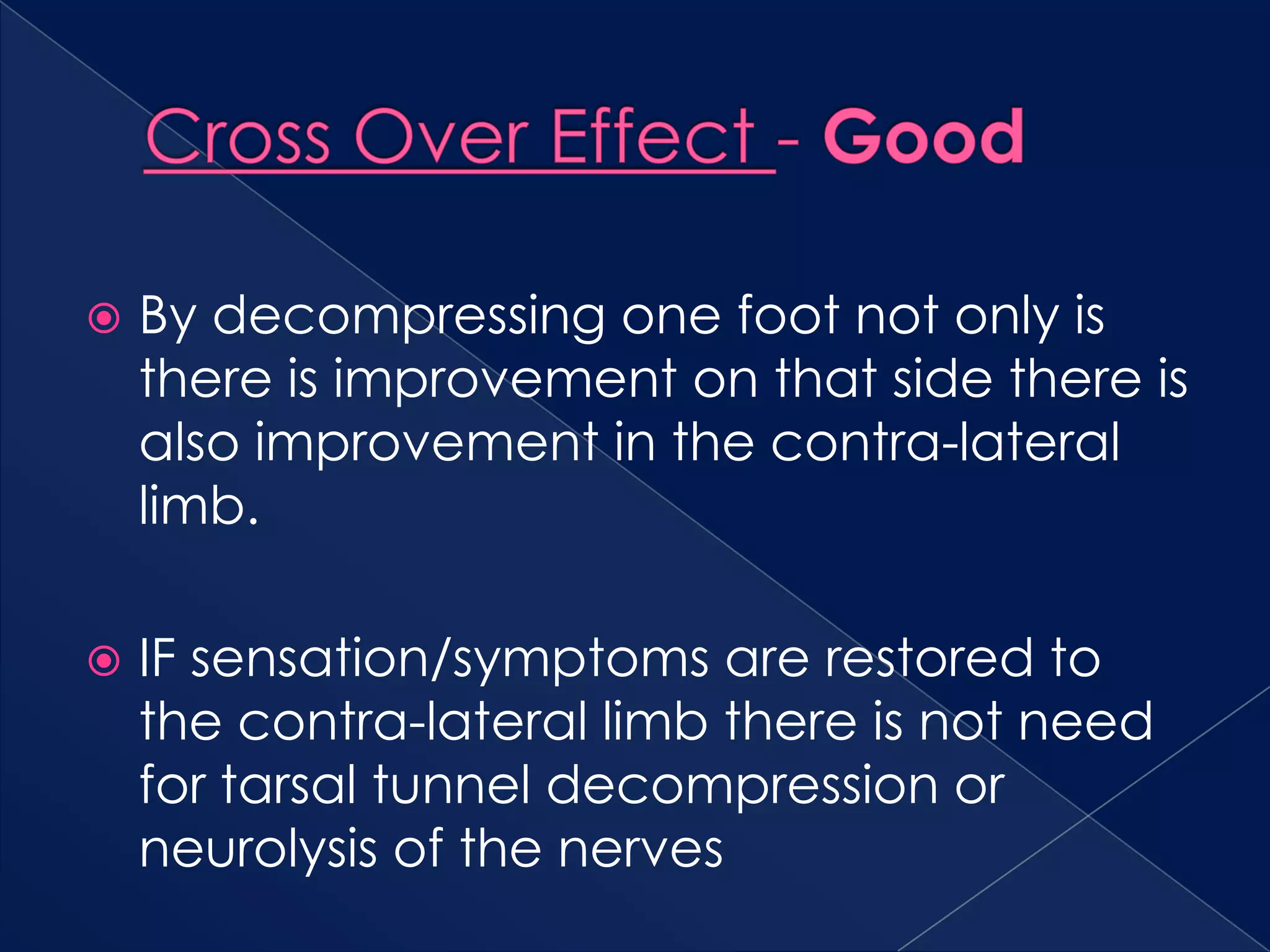 Cross Over Effect - GoodBy decompressing one foot not only is there is improvement on that side there is also improvement in the contra-lateral limb.IF sensation/symptoms are restored to the contra-lateral limb there is not need for tarsal tunnel decompression or neurolysis of the nerves