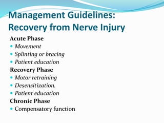 Management Guidelines:
Recovery from Nerve Injury
Acute Phase
 Movement
 Splinting or bracing
 Patient education
Recovery Phase
 Motor retraining
 Desensitization.
 Patient education
Chronic Phase
 Compensatory function
 