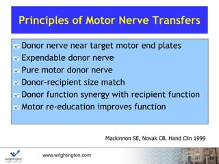 www.wrightington.com
Principles of Motor Nerve Transfers
Donor nerve near target motor end plates
Expendable donor nerve
Pure motor donor nerve
Donor-recipient size match
Donor function synergy with recipient function
Motor re-education improves function
Mackinnon SE, Novak CB. Hand Clin 1999
 