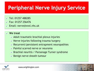 www.wrightington.com
Peripheral Nerve Injury Service
Tel: 01257 488285
Fax: 01257 256476
Email: nerve@wwl.nhs.uk
We treat
Adult traumatic brachial plexus injuries
Nerve injuries following trauma/surgery
Recurrent/persistent entrapment neuropathies
Painful scarred nerve or neuroma
Brachial neuritis / Parsonage Turner syndrome
Benign nerve sheath tumour
 