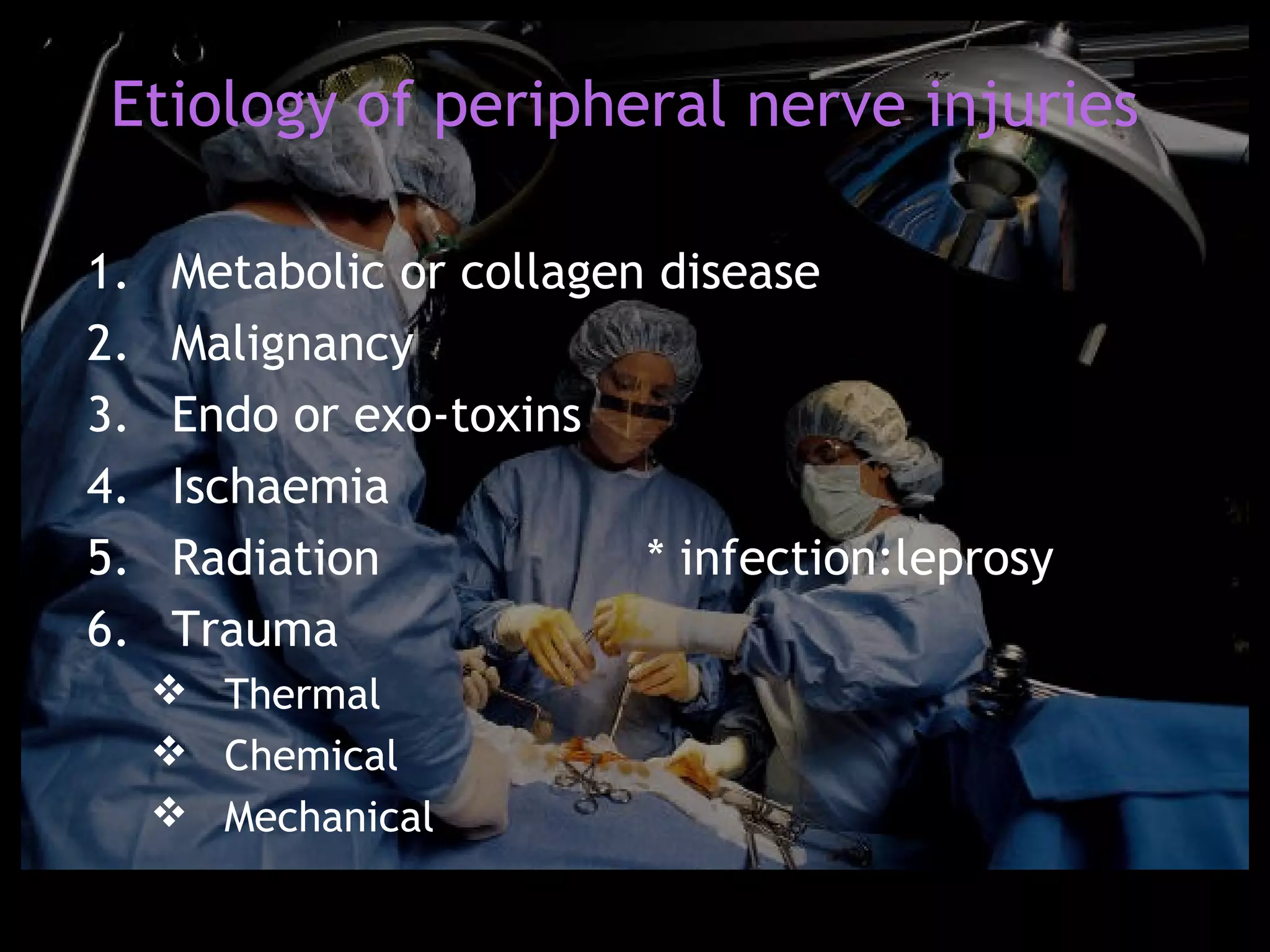 Etiology of peripheral nerve injuries

1.   Metabolic or collagen disease
2.   Malignancy
3.   Endo or exo-toxins
4.   Ischaemia
5.   Radiation            * infection:leprosy
6.   Trauma
      Thermal
      Chemical
      Mechanical
 