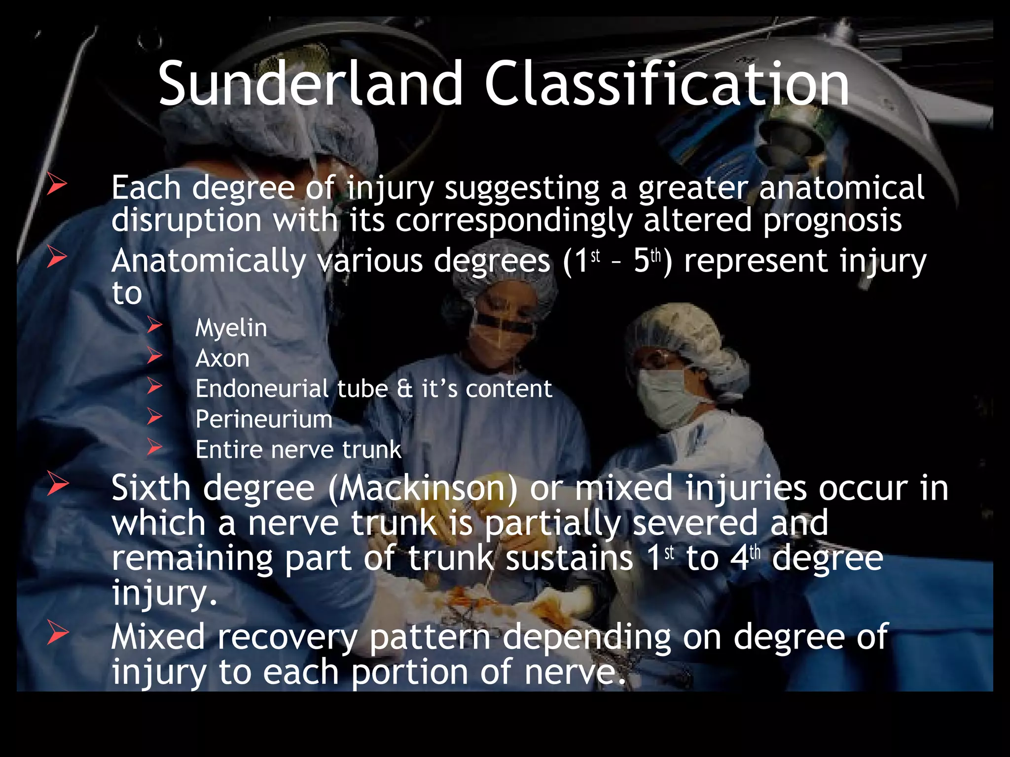 Sunderland Classification
   Each degree of injury suggesting a greater anatomical
    disruption with its correspondingly altered prognosis
   Anatomically various degrees (1st – 5th) represent injury
    to
         Myelin
         Axon
         Endoneurial tube & it’s content
         Perineurium
         Entire nerve trunk
   Sixth degree (Mackinson) or mixed injuries occur in
    which a nerve trunk is partially severed and
    remaining part of trunk sustains 1st to 4th degree
    injury.
   Mixed recovery pattern depending on degree of
    injury to each portion of nerve.
 