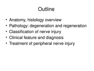 Outline
• Anatomy, histology overview
• Pathology: degeneration and regeneration
• Classification of nerve injury
• Clinical feature and diagnosis
• Treatment of peripheral nerve injury
 