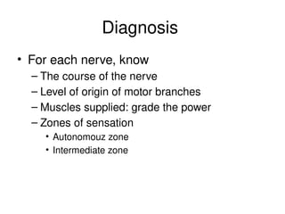 Diagnosis
• For each nerve, know
– The course of the nerve
– Level of origin of motor branches
– Muscles supplied: grade the power
– Zones of sensation
• Autonomouz zone
• Intermediate zone
 