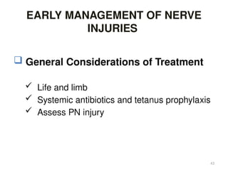 43
EARLY MANAGEMENT OF NERVE
INJURIES
 General Considerations of Treatment
 Life and limb
 Systemic antibiotics and tetanus prophylaxis
 Assess PN injury
 