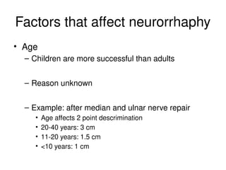 Factors that affect neurorrhaphy
• Age
– Children are more successful than adults
– Reason unknown
– Example: after median and ulnar nerve repair
• Age affects 2 point descrimination
• 20-40 years: 3 cm
• 11-20 years: 1.5 cm
• <10 years: 1 cm
 