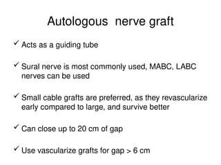 Autologous nerve graft
 Acts as a guiding tube
 Sural nerve is most commonly used, MABC, LABC
nerves can be used
 Small cable grafts are preferred, as they revascularize
early compared to large, and survive better
 Can close up to 20 cm of gap
 Use vascularize grafts for gap > 6 cm
 