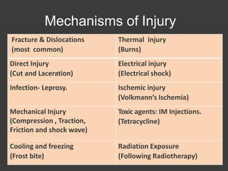 Mechanisms of Injury
Fracture & Dislocations
(most common)
Thermal injury
(Burns)
Direct Injury
(Cut and Laceration)
Electrical injury
(Electrical shock)
Infection- Leprosy. Ischemic injury
(Volkmann’s Ischemia)
Mechanical Injury
(Compression , Traction,
Friction and shock wave)
Toxic agents: IM Injections.
(Tetracycline)
Cooling and freezing
(Frost bite)
Radiation Exposure
(Following Radiotherapy)
 