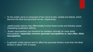  As the sciatic nerve is composed of two nerve trunks, medial and lateral, which
become the tibial and peroneal nerves, respectively,
 partial sciatic lesions may differentially involve these trunks and thereby cause
misleading localization deficits.
 Sciatic neuropathies can therefore be mistaken clinically for more distal
neuropathies, especially common peroneal neuropathies or, less often, tibial
neuropathies
 In general, sciatic lesions tend to affect the peroneal division more than the tibial
division in about 75% of cases
 