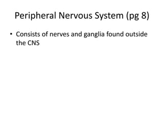 Peripheral Nervous System (pg 8) 
• Consists of nerves and ganglia found outside 
the CNS 
 