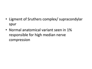 • Ligment of Sruthers complex/ supracondylar
spur
• Normal anatomical variant seen in 1%
responsible for high median nerve
compression
 