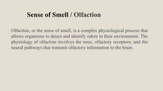 Sense of Smell / Olfaction
Olfaction, or the sense of smell, is a complex physiological process that
allows organisms to detect and identify odors in their environment. The
physiology of olfaction involves the nose, olfactory receptors, and the
neural pathways that transmit olfactory information to the brain.
 