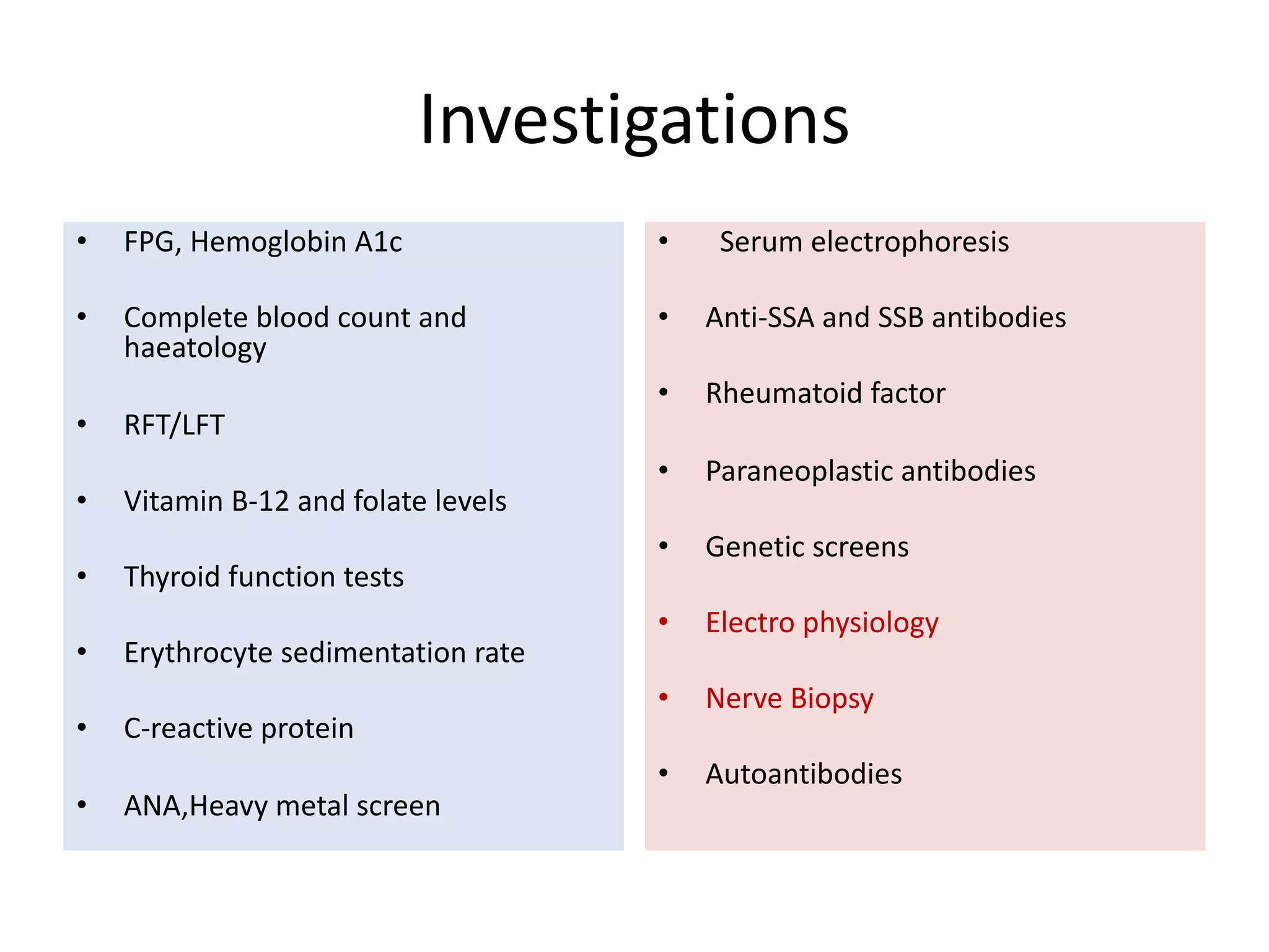 Investigations
• FPG, Hemoglobin A1c
• Complete blood count and
haeatology
• RFT/LFT
• Vitamin B-12 and folate levels
• Thyroid function tests
• Erythrocyte sedimentation rate
• C-reactive protein
• ANA,Heavy metal screen
• Serum electrophoresis
• Anti-SSA and SSB antibodies
• Rheumatoid factor
• Paraneoplastic antibodies
• Genetic screens
• Electro physiology
• Nerve Biopsy
• Autoantibodies
 