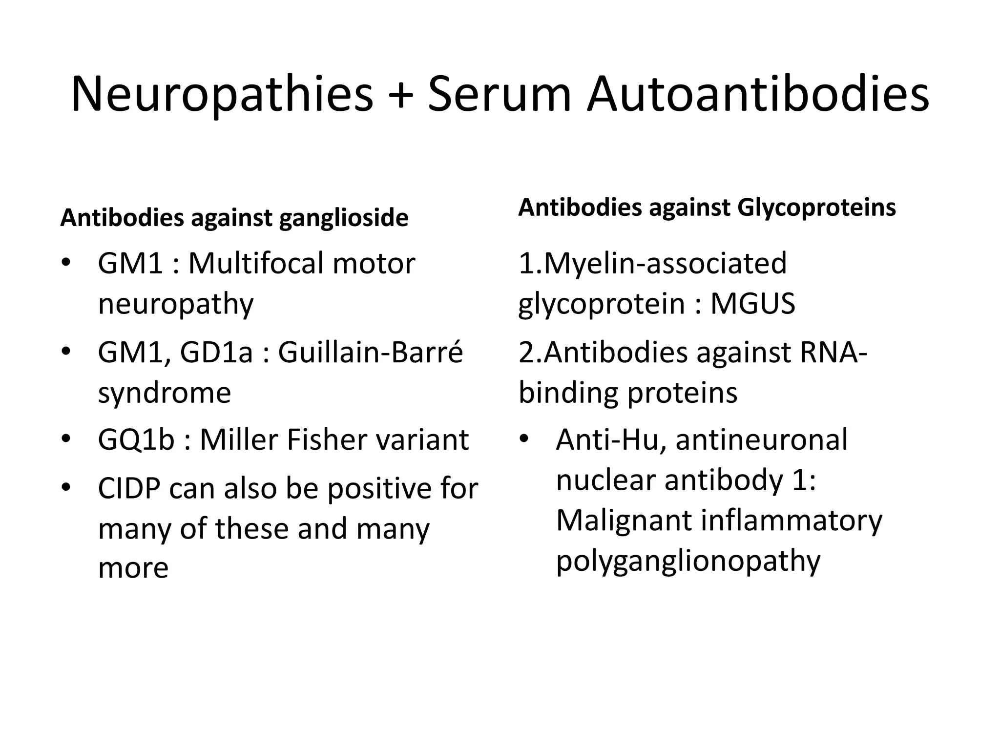 Neuropathies + Serum Autoantibodies
Antibodies against ganglioside
• GM1 : Multifocal motor
neuropathy
• GM1, GD1a : Guillain-Barré
syndrome
• GQ1b : Miller Fisher variant
• CIDP can also be positive for
many of these and many
more
Antibodies against Glycoproteins
1.Myelin-associated
glycoprotein : MGUS
2.Antibodies against RNA-
binding proteins
• Anti-Hu, antineuronal
nuclear antibody 1:
Malignant inflammatory
polyganglionopathy
 