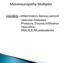 CAUSES—inflammatory-leprosy,sarcoid
Vascular-Diabetes
Pressure,Trauma,Infiltration
Vasculitis-
PAN,SLE,RA,scleroderma
Mononeuropathy Multiplex
 