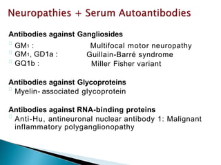 Antibodies against Gangliosides
GM1 :
GM1, GD1a :
GQ1b :
Multifocal motor neuropathy
Guillain-Barré syndrome
Miller Fisher variant
Antibodies against Glycoproteins
Myelin- associated glycoprotein
Antibodies against RNA-binding proteins
Anti-Hu, antineuronal nuclear antibody 1: Malignant
inflammatory polyganglionopathy
 