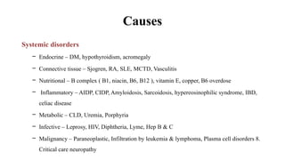 Causes
Systemic disorders
– Endocrine – DM, hypothyroidism, acromegaly
– Connective tissue – Sjogren, RA, SLE, MCTD, Vasculitis
– Nutritional – B complex ( B1, niacin, B6, B12 ), vitamin E, copper, B6 overdose
– Inflammatory – AIDP, CIDP, Amyloidosis, Sarcoidosis, hypereosinophilic syndrome, IBD,
celiac disease
– Metabolic – CLD, Uremia, Porphyria
– Infective – Leprosy, HIV, Diphtheria, Lyme, Hep B & C
– Malignancy – Paraneoplastic, Infiltration by leukemia & lymphoma, Plasma cell disorders 8.
Critical care neuropathy
 
