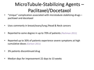MicroTubule-Stabilizing Agents –
Paclitaxel/Docetaxol
• “Unique” complication associated with microtubule-stabilizing drugs –
paclitaxel and docetaxol
• Uses commonly in breast/ovary/lung /Head & Neck cancers
• Reported to some degree in up to 70% of patients (Pachman 2011)
• Reported up to 30% of patients experience severe symptoms at high
cumulative doses (Carlson 2011)
• 3% patients discontinued drug
• Median days for improvement 22 days to 13 weeks
 