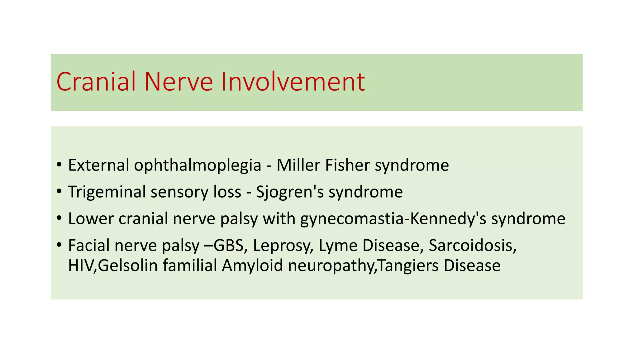 Cranial Nerve Involvement
• External ophthalmoplegia - Miller Fisher syndrome
• Trigeminal sensory loss - Sjogren's syndrome
• Lower cranial nerve palsy with gynecomastia-Kennedy's syndrome
• Facial nerve palsy –GBS, Leprosy, Lyme Disease, Sarcoidosis,
HIV,Gelsolin familial Amyloid neuropathy,Tangiers Disease
 