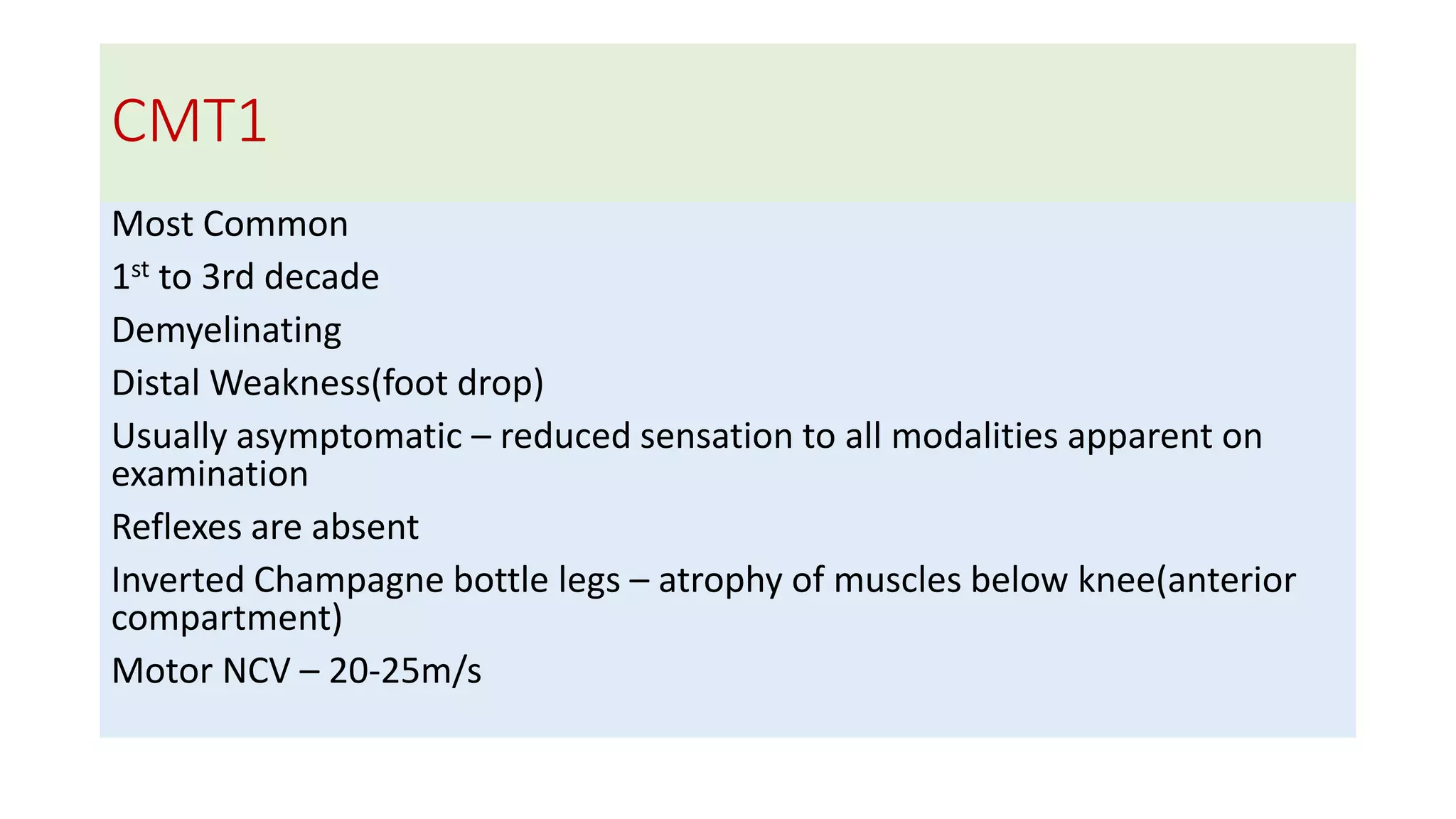 CMT1
Most Common
1st to 3rd decade
Demyelinating
Distal Weakness(foot drop)
Usually asymptomatic – reduced sensation to all modalities apparent on
examination
Reflexes are absent
Inverted Champagne bottle legs – atrophy of muscles below knee(anterior
compartment)
Motor NCV – 20-25m/s
 