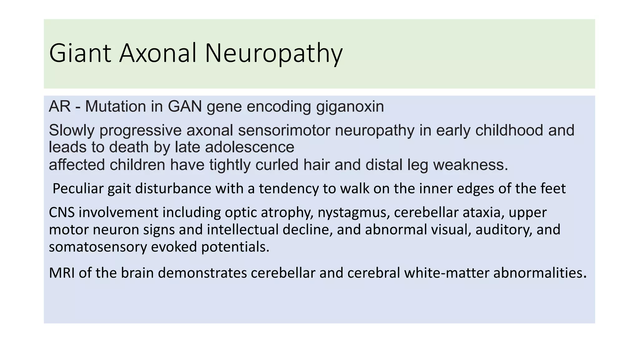 Giant Axonal Neuropathy
AR - Mutation in GAN gene encoding giganoxin
Slowly progressive axonal sensorimotor neuropathy in early childhood and
leads to death by late adolescence
affected children have tightly curled hair and distal leg weakness.
Peculiar gait disturbance with a tendency to walk on the inner edges of the feet
CNS involvement including optic atrophy, nystagmus, cerebellar ataxia, upper
motor neuron signs and intellectual decline, and abnormal visual, auditory, and
somatosensory evoked potentials.
MRI of the brain demonstrates cerebellar and cerebral white-matter abnormalities.
 