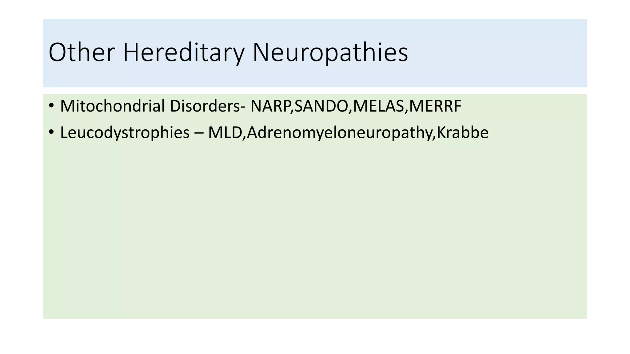 Other Hereditary Neuropathies
• Mitochondrial Disorders- NARP,SANDO,MELAS,MERRF
• Leucodystrophies – MLD,Adrenomyeloneuropathy,Krabbe
 