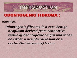 Odontogenic fibroma is a rare benign
neoplasm derived from connective
tissue of odontogenic origin and it can
be either a peripheral lesion or a
cental (intraosseous) lesion
ODONTOGENIC FIBROMA :
DEFINITION :
 