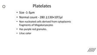 Platelates
• Size -1-3µm
• Normal count - 280 ±130×109/µl
• Non nucleated cells derived from cytoplasmic
fragments of Megakaryocytes
• Has purple red granules.
• Liliac color
 