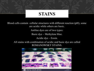 Blood cells contain cellular structures with different reaction (pH), some
are acidic while others are basic.
Aniline dyes are of two types:
Basic dye – Methylene blue.
Acidic dye – Eosin.
All stains with combination of acidic and basic dye are called
ROMANOWSKY STAINS.
STAINS
 
