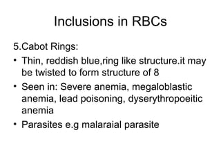 Inclusions in RBCs
5.Cabot Rings:
• Thin, reddish blue,ring like structure.it may
be twisted to form structure of 8
• Seen in: Severe anemia, megaloblastic
anemia, lead poisoning, dyserythropoeitic
anemia
• Parasites e.g malaraial parasite
 