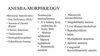 ANEMIA-MORPHOLOGY
Microcytic hypochromic
• Iron Deficiency (IDA)
• Anemia of chronic
disease
• Chronic Infections
• Thalassemias
• Hemoglobino-pathies
• SideroblasticAnemia
Normocytic
normochromic
• C/c kidney liver,
endocrine ds
• Early IDA
• Marrow
infiltration
• Marrow
hypoplasia
• Haemolytic
anemias
• Macrocytic
normochromic
• Megaloblastic anemia
• Liver disease/alcoholism
• Hypothyroidism
• MDS
• Myelophistic anaemias
• Aplastic anaemia
• Congenital
dyserythropoietic anemia
 