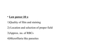 • Low power 10 x:
1)Quality of film and staining­
­
2) Location and selection of proper field
3)Approx. no. of RBCs
4)Microfilaria like parasites
 