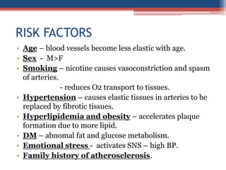RISK FACTORS
• Age – blood vessels become less elastic with age.
• Sex - M>F
• Smoking – nicotine causes vasoconstriction and spasm
of arteries.
- reduces O2 transport to tissues.
• Hypertension – causes elastic tissues in arteries to be
replaced by fibrotic tissues.
• Hyperlipidemia and obesity – accelerates plaque
formation due to more lipid.
• DM – abnomal fat and glucose metabolism.
• Emotional stress - activates SNS – high BP.
• Family history of atherosclerosis.
 
