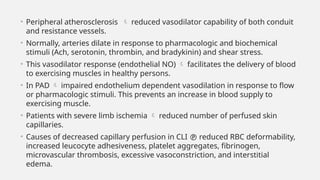 • Peripheral atherosclerosis  reduced vasodilator capability of both conduit
and resistance vessels.
• Normally, arteries dilate in response to pharmacologic and biochemical
stimuli (Ach, serotonin, thrombin, and bradykinin) and shear stress.
• This vasodilator response (endothelial NO)  facilitates the delivery of blood
to exercising muscles in healthy persons.
• In PAD  impaired endothelium dependent vasodilation in response to flow
or pharmacologic stimuli. This prevents an increase in blood supply to
exercising muscle.
• Patients with severe limb ischemia  reduced number of perfused skin
capillaries.
• Causes of decreased capillary perfusion in CLI  reduced RBC deformability,
increased leucocyte adhesiveness, platelet aggregates, fibrinogen,
microvascular thrombosis, excessive vasoconstriction, and interstitial
edema.
 
