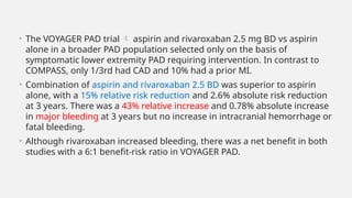 • The VOYAGER PAD trial  aspirin and rivaroxaban 2.5 mg BD vs aspirin
alone in a broader PAD population selected only on the basis of
symptomatic lower extremity PAD requiring intervention. In contrast to
COMPASS, only 1/3rd had CAD and 10% had a prior MI.
• Combination of aspirin and rivaroxaban 2.5 BD was superior to aspirin
alone, with a 15% relative risk reduction and 2.6% absolute risk reduction
at 3 years. There was a 43% relative increase and 0.78% absolute increase
in major bleeding at 3 years but no increase in intracranial hemorrhage or
fatal bleeding.
• Although rivaroxaban increased bleeding, there was a net benefit in both
studies with a 6:1 benefit-risk ratio in VOYAGER PAD.
 