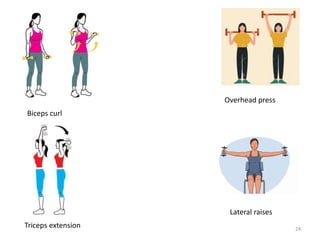 Biceps curl
Triceps extension
Overhead press
Lateral raises
24
 