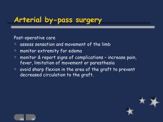 Arterial by-pass surgery Post-operative care assess sensation and movement of the limb monitor extremity for edema monitor & report signs of complications – increase pain, fever, limitation of movement or paresthesia avoid sharp flexion in the area of the graft to prevent decreased circulation to the graft. 