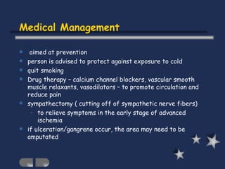 Medical Management aimed at prevention person is advised to protect against exposure to cold quit smoking Drug therapy – calcium channel blockers, vascular smooth muscle relaxants, vasodilators – to promote circulation and reduce pain sympathectomy ( cutting off of sympathetic nerve fibers) to relieve symptoms in the early stage of advanced ischemia if ulceration/gangrene occur, the area may need to be amputated 