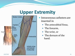 Upper Extremity
 Intravenous catheters are
inserted in
 The antecubital fossa,
 The forearm,
 The wrist, or
 The dorsum of the
hand.
5/27/2017 10
 