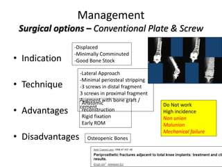 Management
Surgical options – Conventional Plate & Screw
• Indication
• Technique
• Advantages
• Disadvantages
-Displaced
-Minimally Comminuted
-Good Bone Stock
-Lateral Approach
-Minimal periosteal stripping
-3 screws in distal fragment
3 screws in proximal fragment
Augment with bone graft /
cement
Anatomic
reconstruction
Rigid fixation
Early ROM
Osteopenic Bones
Do Not work
High incidence
Non union
Malunion
Mechanical failure
 