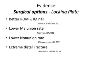 Evidence
Surgical options - Locking Plate
• Better ROM VS IM nail
Johnson et al Knee 2011
• Lower Malunion rate
Ristevski JOT 2011
• Lower Nonunion rate
Althausen etal JOA 2003
• Extreme distal Fracture
Streubal et al JBJS 2010
 