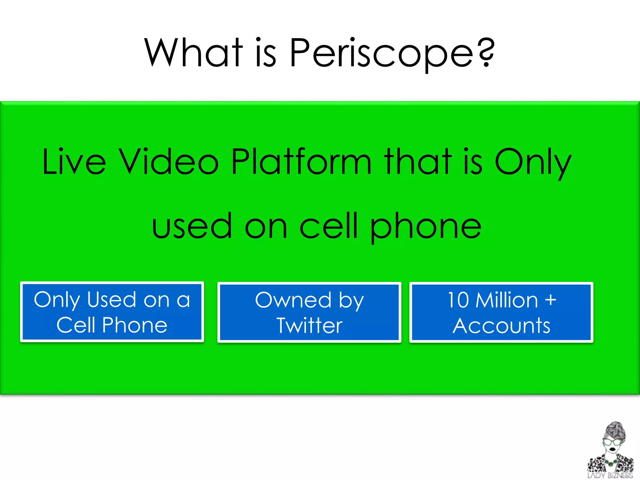What is Periscope?
Live Video Platform that is Only
used on cell phone
.Only Used on a
Cell Phone
Owned by Twitter 10 Million +
Accounts
 