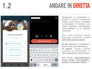 ANDARE IN DIRETTA
Scegliendo di trasmettere in
diretta ci verrà inizialmente
chiesto, com’è ovvio, di abilitare
la fotocamera, il microfono, e la
nostra posizione (disattivabile,
come vedremo, in un secondo
momento) 
 
Una volta conclusi questi
passaggi potremmo subito
cominciare la nostra diretta. 
 
In alto abbiamo la possibilità di
dare un titolo alla trasmissione. 
In basso, invece, quattro
pulsanti ci permettono di
attivare/disattivare varie funzioni. 
 
[Da sinistra: geolocalizzazione,
diretta privata, chat (pubblica /
privata), condivisione Twitter].
1.2
 
