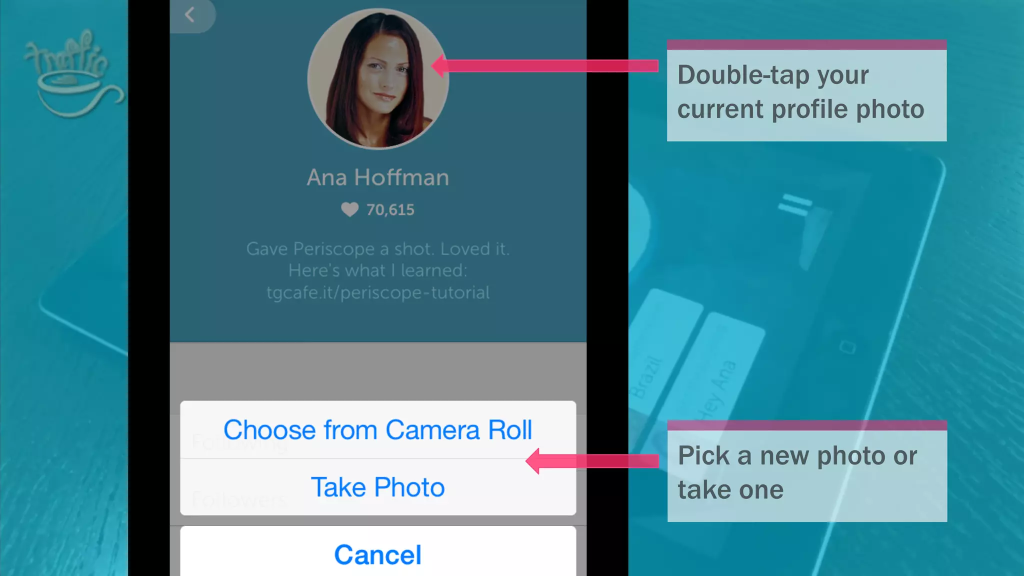 Double-tap your
current profile photo
Pick a new photo or take
one
 