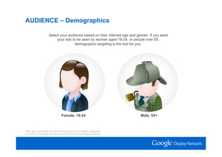 AUDIENCE – Demographics

                     Select your audience based on their inferred age and gender. If you want
                          your ads to be seen by women aged 18-24, or people over 55,
                                     demographic targeting is the tool for you.




                                 Female, 18-24                              Male, 55+



Note: Age and gender are inferred the same way as interest categories –
by looking at the types of sites browsed on the Google Display Network.
 