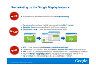 Remarketing on the Google Display Network


                       •  Anyone with a website who cares about value for money



                       •  Target people who have visited your website but didn’t convert
                       •  Re-advertise to these people with a different message
                       •  Bring them back to your website - engage them again




                       •    97% of new site visitors don’t convert on the first visit*
                       •    Target them on a network with more reach, scale & efficiency than any other
                       •    84% of the UK online population can be reached on the Google Display Network
                       •    You only target hot prospects that have previously engaged with your site
                       •    No premium for Remarketing on the Google Display Network


*Source: Core Metrics UK Benchmarking, March 2009                                                  2
                                                                                                   0
 