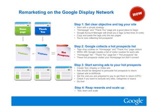 Remarketing on the Google Display Network

                                                    Step 1: Set clear objective and tag your site
                                                    •    Start with a simple strategy
                                                    •    “Homepage” and “Thank You” page are a good place to begin
                                                    •    Google Account Manager will email you 2 tags (a few lines of code)
                                                    •    Copy and paste the tags onto the two pages
                                                    •    You’re now collecting hot prospects!


                                                    Step 2: Google collects a hot prospects list
                                                    •    Tags drop cookies on “Homepage” and “Thank You” page visitors
                                                    •    Within 48h Google creates a list of visitor cookies for each site
                                                    •    “Homepage” list - “Thank You” page list = “Hot prospects” list
                                                    •    These hot prospects visited your Homepage but didn’t convert


                                                    Step 3: Start serving ads to your hot prospects
                                                    •    Create Text, Display or Video ads
                                                    •    Ads should be designed to persuade hot prospects to return
                                                    •    Upload ads to AdWords
                                                    •    Set the cost you are prepared to pay to get them to return (CPC)
                                                    •    Check if you want to exclude any sites, categories or topics
                                                    •    Go live!

                                                    Step 4: Reap rewards and scale up
                                                    •  Test, learn and scale




                                                                                                                     2
*Source: Core Metrics UK Benchmarking, March 2009                                                                    1
 