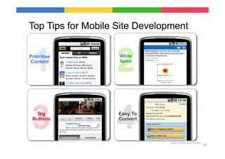 Top Tips for Mobile Site Development



 1
Prioritise
Content
                   2White	
  	
  
                    Space	
  




 3 Big
 Buttons
                   4Easy To
                    Convert



                                    Google	
  Conﬁden9al	
  and	
  Proprietary	
  
                                                                                     37
 