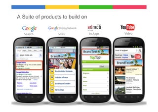 A Suite of products to build on


   Search	
           Sites	
          In	
  Apps	
                 Video	
  




                                  BrandText	
  
                BrandText	
  
                                                        BrandTexI	
  




                                                          Google	
  Conﬁden9al	
  and	
  Proprietary	
  
 